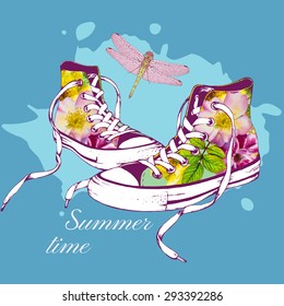 Vector gumshoes with roses print and pink dragonfly. Hand-drawn ink pen and watercolor illustration.T-shirt design. Summer time lettering