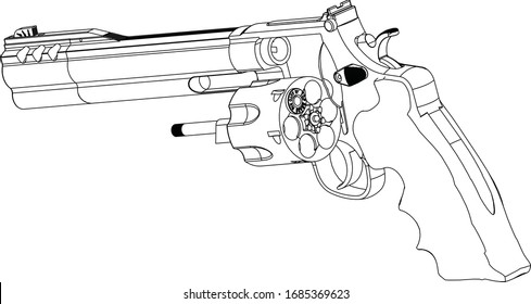  Vector. Arma con una bala. Cromado de color negro sobre el arco del revólver. Conceptual. Suicidio. Elección.
