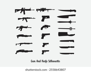  Vector gun, pistol, sword and knife weapon silhouette 