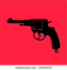 Vector gun silhouette isolated on red background, revolver