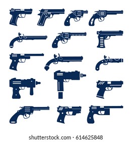 Vector guns, handguns and pistols icon set.