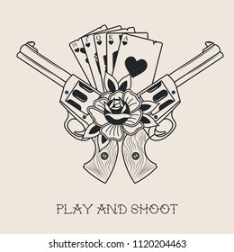 Vector Guns, Playing Cards and Rose Line Art Tattoo Design