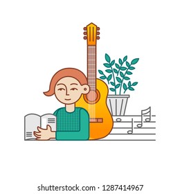 vector guy with book and guitar, notes and a flowerpot