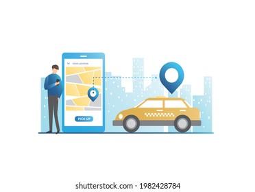 Vector guy calls yellow taxi in city to specified address in geolocation, on map, gps sensor in smartphone. Man in app, on website ordered car on Internet.