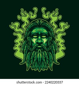 VECTOR GUY WITH CANNABIS WEED BEARD GREEN SMOKE 