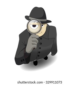 Vector Guy Detective With Magnifying Glass In Hand, Looking For Something. Man Wearing Hat, Coat And Gloves. Find Missing Things. Searching For Lost Items. Isolated Illustration On White Background