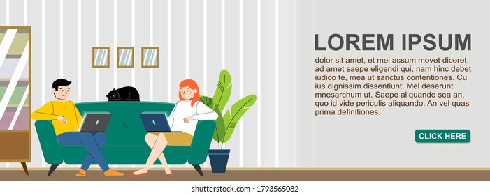 Vector guy and girl are sitting on the couch with laptops on their knees. Freelance or study concept. Working from home, watching a movie. Website banner or flyer. Flat style vector illustration.