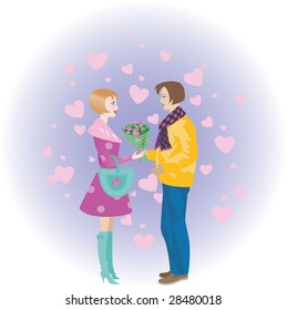 Vector. The guy gives the girl flowers