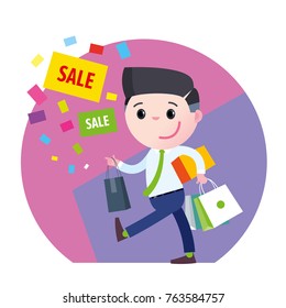 Vector Guy shopping sale box advertising discount banner