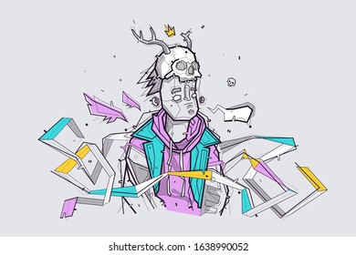 Vektor-Typ mit einem Schädel auf seinem Kopf im Graffiti-Stil. Schäle mit Hörnern und einer Krone. Du kannst eine Tätowierung machen.