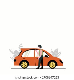 Vector guy stands next to the car retro style illustration 