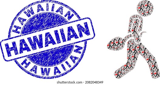 Vektor-Typ stehlen Sperma-Symbol-Mosaik ist gebildet mit zufälligen rekursiven Mann stehlen Sperma-Piktogramme. Hawaiianische unscharfe blaue Rundstempel. Rekursionsmosaik des Mannes stehlen Spermiensymbol.