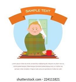 Vector the guy with tea in cold room. With text.