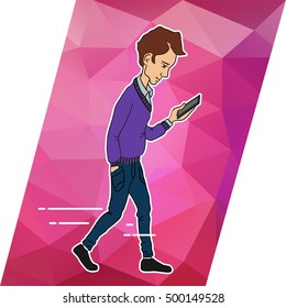 Vector guy walking with mobile phone. Cartoon man looking at smartphone 