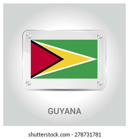 Vector Guyana Flag glass plate with metal holders - Country name label in bottom - Gray background vector illustration