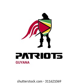 Vector Guyana Flag Patriots Soldier Logo. Mascot Character Design. Memorial Day Army man with Shield. Vector Freedom Leader Logo illustration