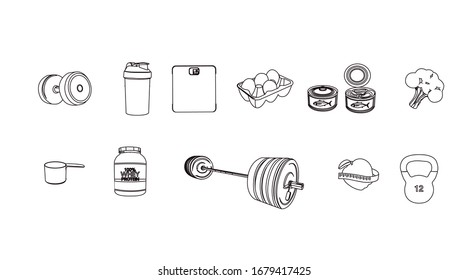 Vector Gym Black and White Icon Set with Dumbbells, Shaker, tuna, Eggs, Broccoli, Protein Bottle, Barbell, weighing scale and Kettlebell