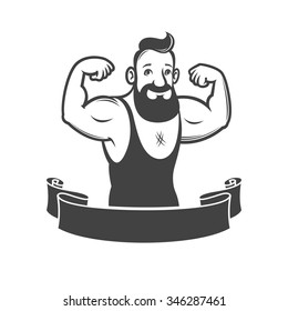 Vector gym emblem with smiling bearded athlete