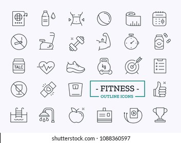 Vector gym and Fitness icons. Thin Line symbol of aerobics, dumbbell for Website or web app. Sport equipment.