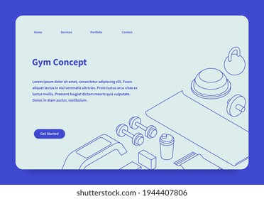 Vector gym homepage with isometric illustration. Sport equipment - dumbbells, ab wheel, mat, towel, shaker, kettlebell. Landing page concept. Illustration is under mask, so you can move and adjust it.