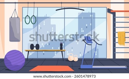 Vector gym illustration with racetrack or treadmill, pull-up bar and dumbbell. Strength and yoga stretching, cardio and stamina, training center. Fitness and workout hub with equipment. Sport, health