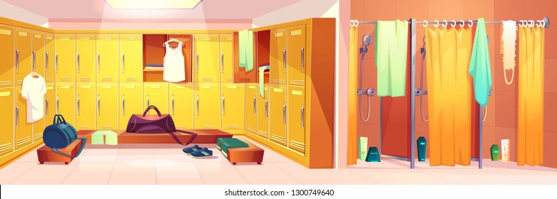 Vector gym interior - changing room with lockers and shower cabins with curtains. Sport club concept - dressing after training and washing. Cartoon shelves with clothes, towels.