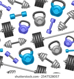 Vetor Gym padrão sem emenda, fundo decorativo com coleção de ilustrações voando halteres ginásio e caber kettlebells, cartaz quadrado com conjunto de produtos de ginástica colorido jogo plana em fundo branco