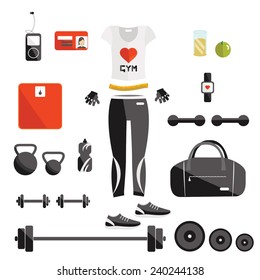 Vector gym set. Vector fitness women set. Fitness elements. 