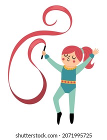 Vector gymnast girl with ribbon. Cute funny acrobat. Circus or sport artist clipart. Amusement holiday icon. Festival character clip art. Tightrope walker illustration
