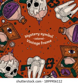 Vector Gypsy Boho Elements Banner Template in Magic Style, CopySpace. Skull and Candle, Wooden Chest and Globe, Hourglass, Glass Bottle of Poison Potion on Carpet, Tooth with Keyhole and Ancient Key