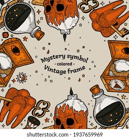 Vector Gypsy Boho Elements Social Media Banner Template with CopySpace. Skull and Candle, Wood Chest and Globe, Hourglass, Glass Bottle of Poison Potion on Carpet, Mystical Symbols of Magic Practices