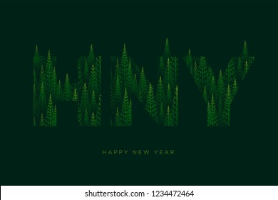 Vector H, N, Y letters with pine tree forest illustration for Happy New Year. Abstract vector pattern. 