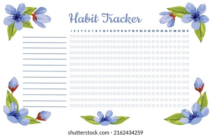 Vector habit tracker monthly planner printable design, habits journal with blue flowers and green leaves