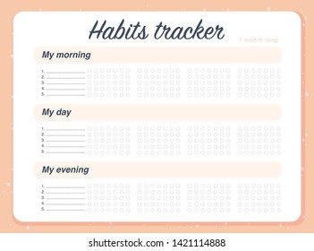 Vector habits tracker page design template calendar  for month. Time management equipment. Flat lay, organizer mock up. Pastel colors. Monthly organizer with empty spaces for activities.