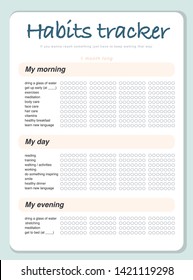 Vector habits tracker page design template calendar  for month. Time management equipment. Flat lay, organizer mock up. Pastel colors. Monthly organizer with examples of activities.
