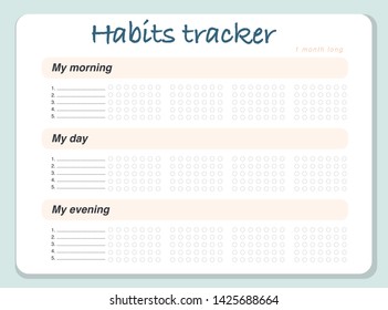 Vector habits tracker page design template calendar  for month. Time management equipment. Flat lay, organizer mock up. Pastel colors. Monthly organizer with empty spaces for activities.