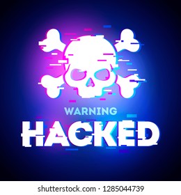 Vector Hacked glitch text. Skull and bones illustration in glitch style on dark background. Warning about hacker attack. Pirate sign. 