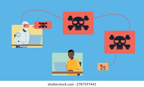 Vector of a hacker attack. A hacker takes over a chatbot and sends a file infected with a Trojan virus to other employees. One by one, the computers of other employees become infected.