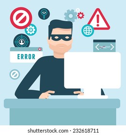 Vector hacker illustration in flat style - password and data thief