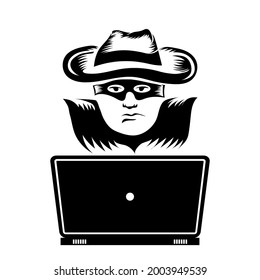 Vector Hacker with Laptop Icon Isolated on White Background.