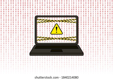 Vector Hacking Concept Illustration, Red Binary Code Hintergrund, Laptop, Danger Sign und Ribbons.