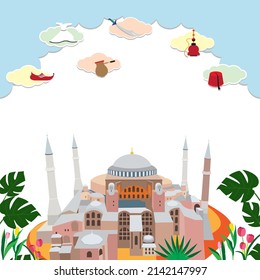Vector de la mezquita de Santa Sofía con ícono de papel de pavo y nubes sobre fondo blanco. El tulipán como flor nacional de Turquía