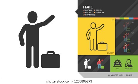 Vector hail passenger black glyph silhouette and editable stroke thin outline single color man icon for taxi cab service.