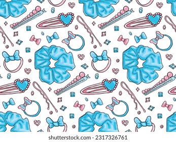 Vector hair accessory hair saloon seamless pattern, hairdo doodle objects, girl or woman beauty Bow decor for fabric, wrapping paper, scrapbook