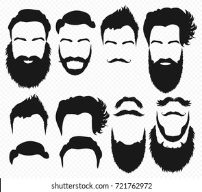 Vector Hair and beard shapes design constructor with men vector silhouette. Fashion silhouette black beard and mustache illustration.