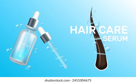 Vector hair and follicles, 3d realistic serum bottle hair care, dermatology, and health. Covering topics like hair loss, treatment, and protection. Hair care serum banner Not AI.