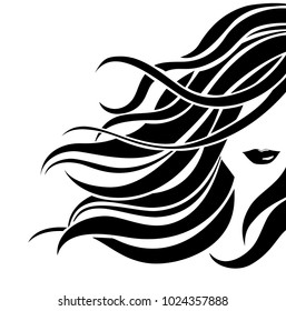 Vector hair salon icon. Beautiful abstract girl with long wavy hair. Beauty design element. Black silhouette