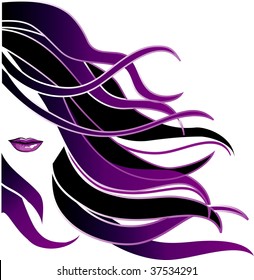 Vector hair salon icon. Beautiful fashion girl with purple colored wavy hair. Beauty design element