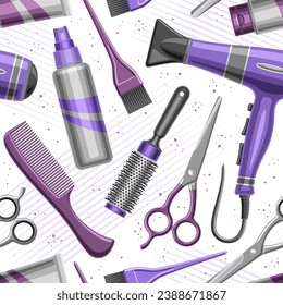 Vector Hair Salon Seamless Pattern, repeat background with illustrations of hair stylist accessories for textile, decorative square poster with flying flat lay female beauty tools for hair salon decor