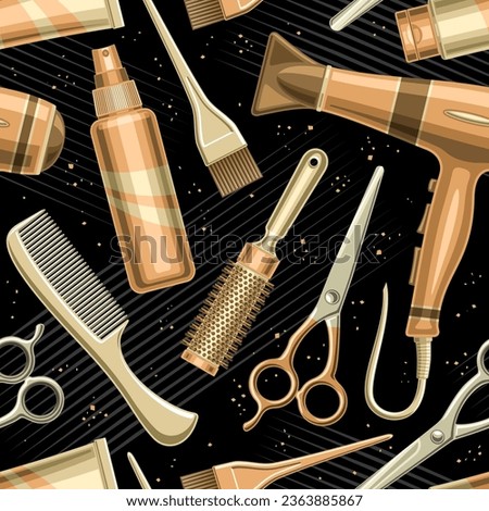 Vector Hair Salon Seamless Pattern, repeat background with illustrations of hair stylist accessories for wallpaper, decorative square poster with flying flat lay lady beauty tools for hair salon decor